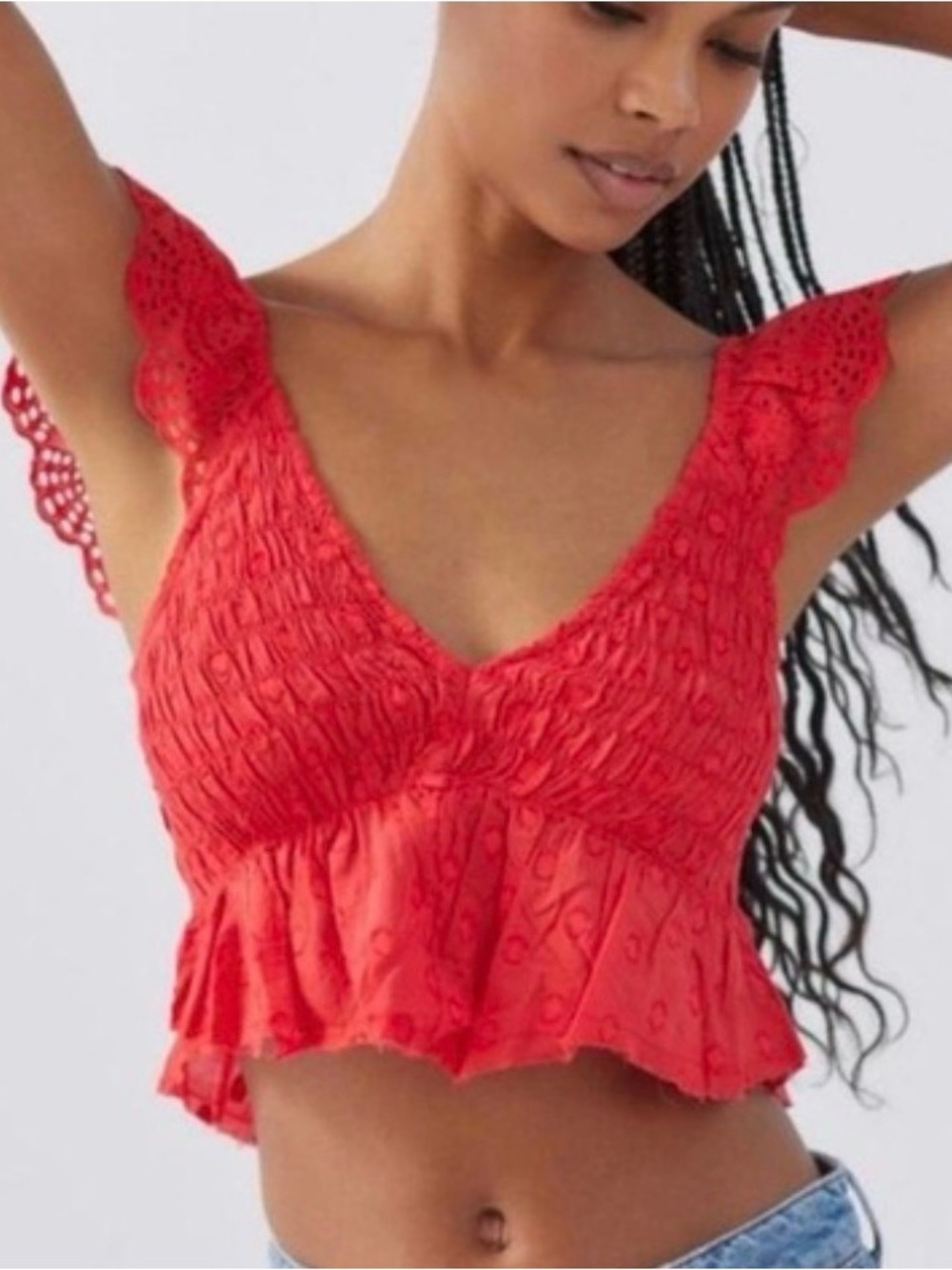Urban Outfitters Red Smocked Ruffle Lace-Trim Crop Top